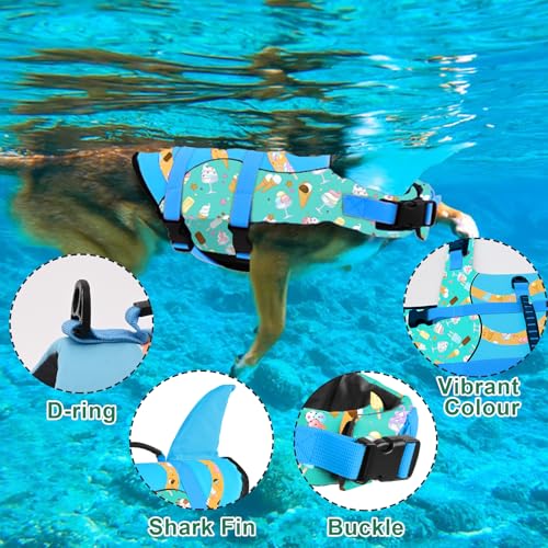 Shark Fin Dog Life Jacket High Buoyancy, Adjustable Dog Life Vest with Quick Release Buckles & Rescue Handle for Swimming Boating, Small Medium Large Dogs - color: Shark-Turquoise+Ice cream, size: X-small