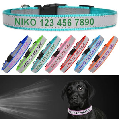 Reflective Personalized Dog Collar - Custom Embroidered Pet Name and Phone Number with Adjustable Nylon Buckle Collars in 5 Sizes XS to XL for Boy and Girl Dogs,Puppy,Teal - color: Teal
