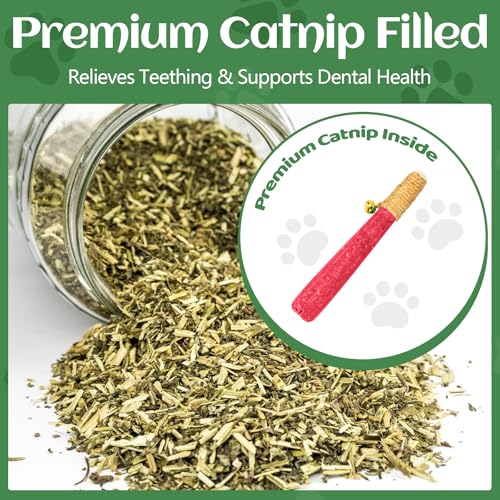 4 Pack Hand-Rolled Catnip Sticks with Chew Rope & Bell -Shaped Cat Toys for Indoor Cats and Kicker Toys, Teething Chew and Play Fun (Pink) - color: Pink