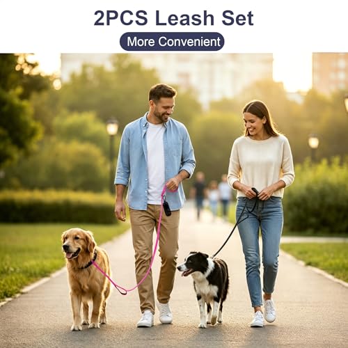 2 Pack Dual Handle Dog Leash, 6ft x 1in Heavy Duty Reflective Nylon Leash with Padded Grip, Traffic Handle, D-Ring, Tangle-Free Dog Lead for Small, Medium & Large Dogs, Safe Night Walks (Black+Rose) - color: 2PCS-Black+Pink