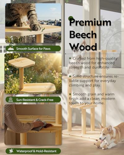 Outdoor Cat Tree, 60" Tall Cat Tower Weatherproof for Patio,Balcony,Garden, Durable 4-Tier Natural Wood w/Scratching Posts for Multiple Cats,Outside&Indoor Adult Cats and Kittens Play, Climbing