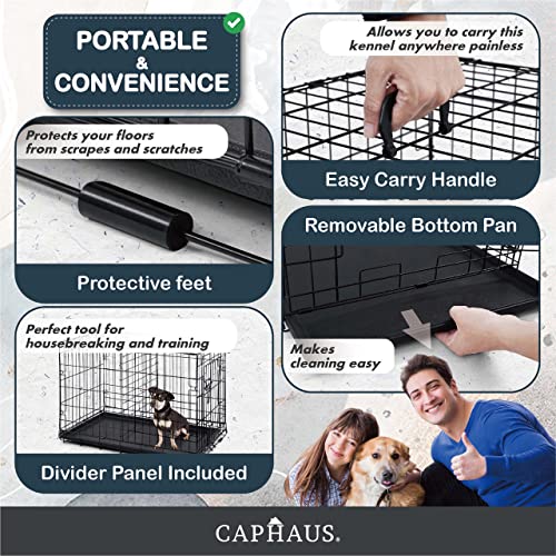 CAPHAUS Foldable Dog Crate Wire Metal Dog Kennel w/Divider Panel, Leak-Proof Pan & Protecting Feet, Single & Double Door, Small, Medium & Large Dog Crate Indoor Wire Dog Cage, 30” w/Classic Lock - size: 30.0"L x 18.9"W x 20.9"H