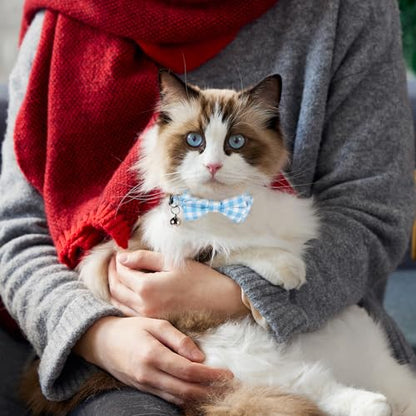 2 Pcs Boy Cat Collar with Bell Breakaway Cat Collars Cute Kitten Bow Tie Collar Adjustable Small Puppy Safety Collar Solid Color Plaid Pet Collar (Blue) - color: blue