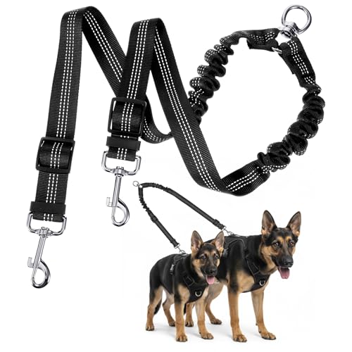 ElevateTech Double Dog Leash for Two Dogs No Tangle Dual Leash Heavy Duty Adjustable Reflective Bungee Retractable Split Multiple Leashes for Walk Fit All Sized Breeds Black