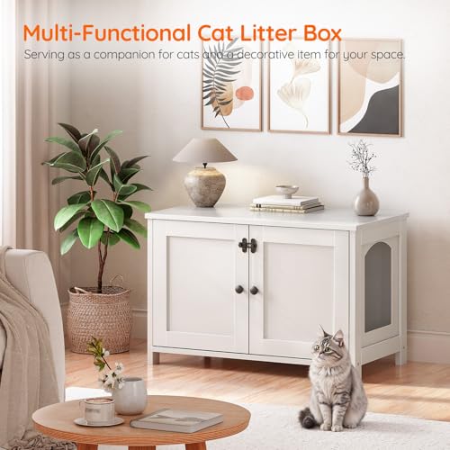 HOOBRO Litter Box Enclosure, Cat Litter Box Furniture with Removable Divider, Large Hidden Litter Box Furniture, Wooden Cat House, End Side Table, 31" L x 17.5" W x 19.7" H, White WT03MW01G2 - color: White