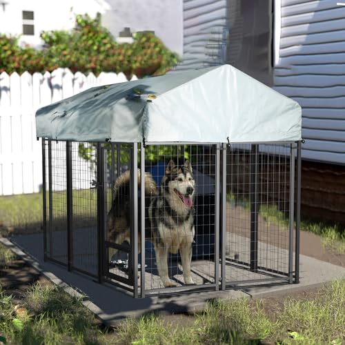 LEMBERI 6x4x4 Outside Dog Kennel with Roof for Large Dogs,Heavy Duty Welded Wire Steel Dog Playpen Fence with Secure Lock, Pet Pen with UV-Resistant Waterproof Cover (69.1''L x 50.4''W x 56.6'H) - size: 69.1"L x 50.4"W x 56.6"H