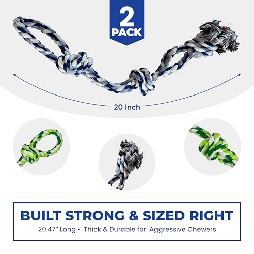 Dog Rope Toys, Heavy Duty Chew Toy for Large Dogs, 2-Pack Durable Tug of War Toys, 100% Cotton, Safe & Washable, Great for Teeth Cleaning, (Blue/White and Green/White/Green) - color: blue/white and green/white/green