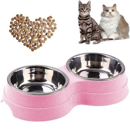 Double Cat Food Bowl -Stainless Steel Bowls with Easy-to-Clean Detachable Design, Non-Slip Base, Pet Feeder for Kittens and Medium Cats (Pink) - color: Pink