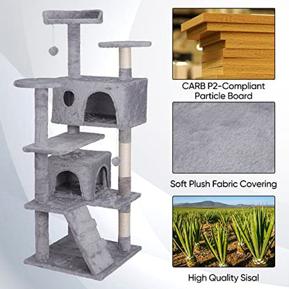 Nova Microdermabrasion 54 in Cat Tree Tower for Indoor Cats Multi-Level Cat Condo Cat Bed Furniture with Scratching Post Kittens Activity Center - color: Light Grey