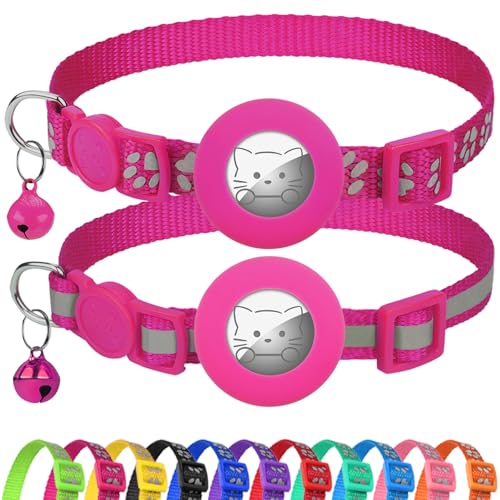 Joytale AirTag Cat Collar 2 Pack with Breakaway Safety Buckle, Reflective Cats Collar with AirTag Holder, Adjustable 7.5-12.5 Inch, Anti-Fraying Lightweight for Girl Boy Kitten, Hotpink - color: Hotpink