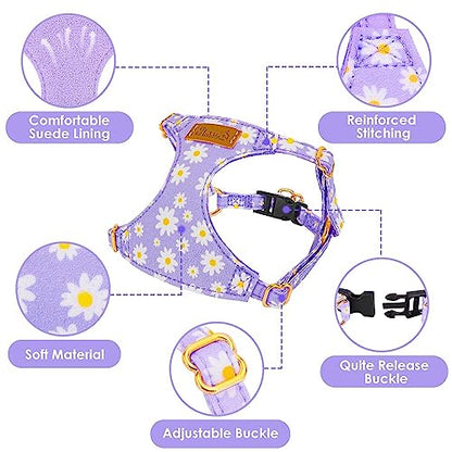 Lukovee Puppy Harness and Leash Set, No Pull Lightweight Soft Suede Adjustable Pet Harness Vest with Snap Buckle for Puppy Small and Medium Size Dog (Purple-S) - color: Purple Daisy, size: Small ( 9-17.5lb )