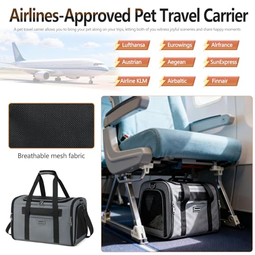 Cat Travel Carrier .Foldable Dog Carrier Bag, Soft Sided cat Carrier up to 20 Lbs,Pet Carrier Soft-Sided Escape Proof with 4 Ventilated Windows, Airline Approved Cat Carrier (Grey)