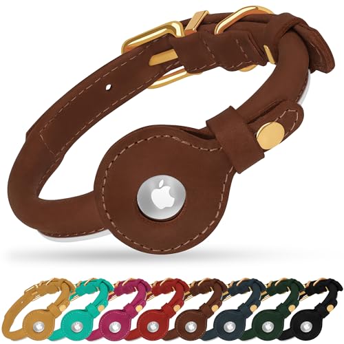 OOPSDOGGY Rolled Leather Dog Collar with Airtag Holder - Reflective Round Airtag Dog Collar - Soft Tracking Pet Collar for Small Dogs Puppy Cats Kitten (Brown, S, 10"-13") - color: Brown, size: S, 10"-13"
