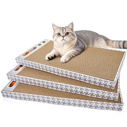 Cat Scratching Board 3 Pack – Reversible Cardboard Scratcher for Indoor Cats, Wide Boxed Scratch Pads with Bell Ball, Durable Corrugated scratchers as Furniture Protector