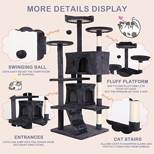 Go Pet Club 70'' Tall Multi-Level Cat Tree with Scratching Post, Stand Platform, Cat Condo, Tower and Funny Toy for Medium Indoor Cats - color: Light Gray