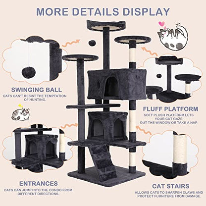 Go Pet Club 70'' Tall Multi-Level Cat Tree with Scratching Post, Stand Platform, Cat Condo, Tower and Funny Toy for Medium Indoor Cats - color: Light Gray