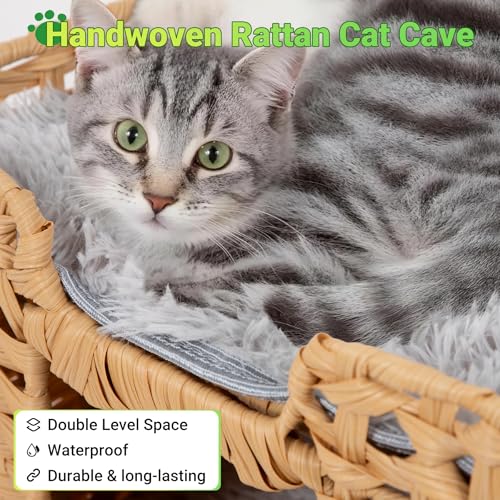 Handwoven Rattan Cat Cave w/Two Cushions, Cat Beds Indoor Kitten House, Wateproof & Foldable Pet Cube Bed, Natural Color, 16.5”L x 16.5”W x 12.6”H - color: Natural
