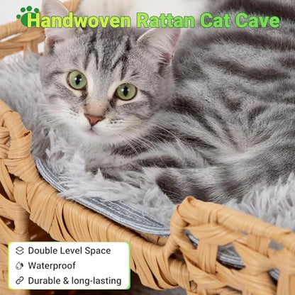 Handwoven Rattan Cat Cave w/Two Cushions, Cat Beds Indoor Kitten House, Wateproof & Foldable Pet Cube Bed, Natural Color, 16.5”L x 16.5”W x 12.6”H - color: Natural