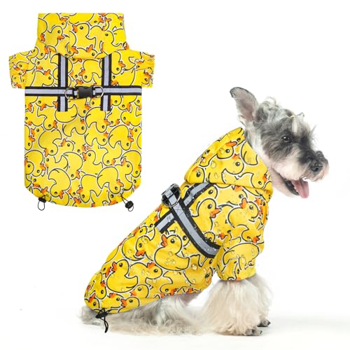 BEAUTYZOO Dog Raincoat Hooded with Harness Built-in for Small Medium Large Dogs Girls Boys, Dog Rain Jacket Slicker Poncho, Waterproof Dogs Rain Coat Clothes for Winter Rainy Snowy Days, Yellow S - color: Duck Yellow, size: S(Back 13.2", Chest 18.5", Neck