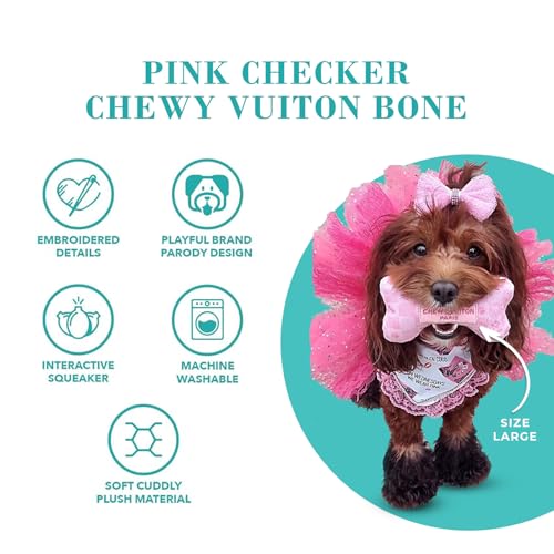Haute Diggity Dog Chewy Vuiton Bone Plush Squeaky Dog Toy, Soft Durable Designer-Inspired Stuffed Puppy Chew Toys for Small, Medium & Large Dogs, Machine-Washable (Pink Checker) XL - color: Pink Checker Bone, size: X-Large