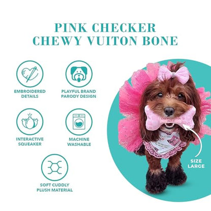 Haute Diggity Dog Chewy Vuiton Bone Plush Squeaky Dog Toy, Soft Durable Designer-Inspired Stuffed Puppy Chew Toys for Small, Medium & Large Dogs, Machine-Washable (Pink Checker) XL - color: Pink Checker Bone, size: X-Large