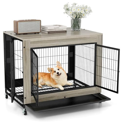 PETSITE Portable Dog Crate Furniture, 38 Inch Wooden Dog Kennel Side Table with Flip-up Top, 3 Lockable Doors and Removable Tray, Ideal for Small to Medium Dogs (Grey) - color: Grey