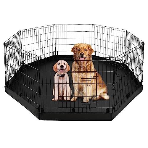 PJYuCien Dog Playpen with Bottom Pad - Metal Foldable Exercise Pen, 8 Panels 24" H x 24" W Indoor Outdoor Pet Fence Puppy Crate Kennel, Black - color: Black, size: Small Pen: 24-Inch High