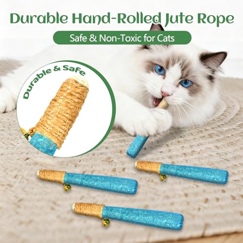 4 Pack Hand-Rolled Catnip Sticks with Chew Rope & Bell -Shaped Cat Toys for Indoor Cats and Kicker Toys, Teething Chew and Play Fun (Blue) - color: Blue