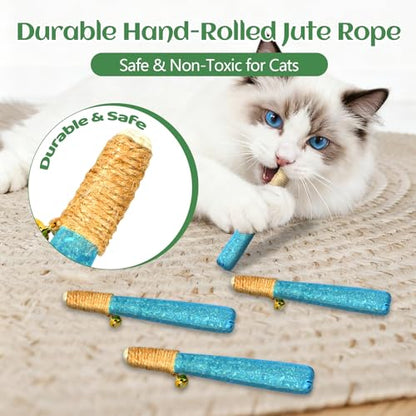 4 Pack Hand-Rolled Catnip Sticks with Chew Rope & Bell -Shaped Cat Toys for Indoor Cats and Kicker Toys, Teething Chew and Play Fun (Blue) - color: Blue