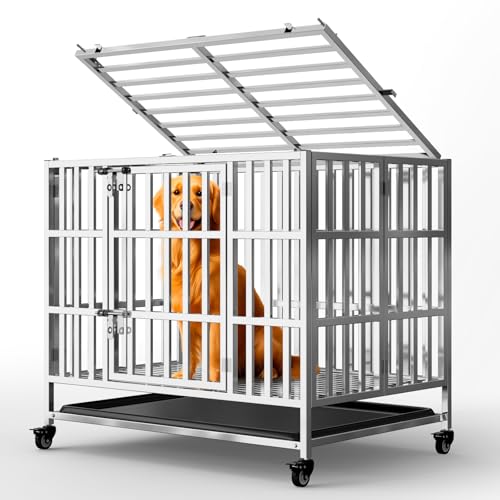 Holiwei 37" Heavy Duty Dog Crate, Escape Proof Stainless Steel Dog Kennel with Top Opening, 4 Lockable Wheels, Easy Clean Metal Dog Cage for Medium-Large/Anxious Dogs - size: 37.0"L x 25.0"W x 30.0"H