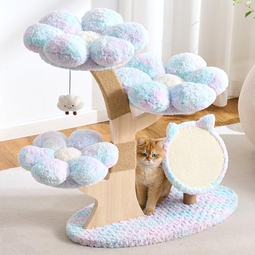 Modern Cat Tree Tower for Indoor Cats Large Adult, 37 inch Flower Cat Tree with Scratching Post, Luxury Aesthetic Cat Tree with Cloud-Soft Flower Perches and Physical Mouse-Sound Hanging Toy - color: pastel blue, size: 37 inch-Cat Scratcher
