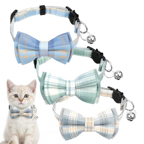3pcs Bow Tie Cat Collar with Bells, Breakaway Bowtie Plaid Cat Collar, Soft Adjustable Bow Cats Collars for Kitten Puppy and Small Pets - color: green