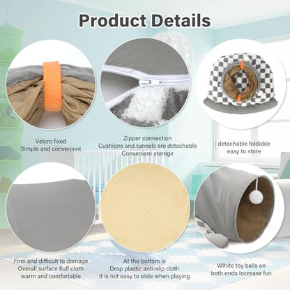 BWOGUE Bunny Tunnel Bed, 2-in-1 Collapsible Tunnel Tubes Toys with Removable Mat Hideout for Cats Kittens Rabbits Guinea Pigs Kitty (Gray) - color: Gray
