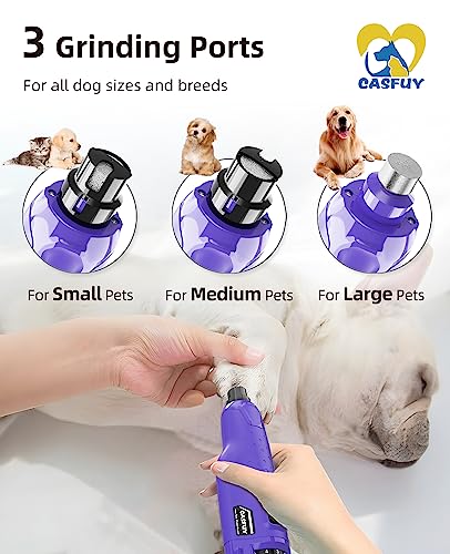 Casfuy Dog Nail Grinder Quiet - (45db) 6-Speed Pet Nail Grinder with 2 LED Lights for Large Medium Small Puppy Dogs/Cats, Professional 3 Ports Rechargeable Electric Dog Nail Trimmer with Dust Cap - color: Purple