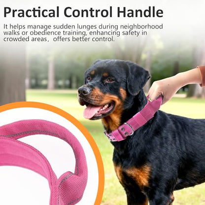 Tactical Dog Collar with Control Handle, Military Adjustable Pet Collar Reflective Heavy Metal Buckle Dog Collar, Soft Nylon Training Collar for Medium Large Dogs (Rose Red, X-Large) - color: Rose Red, size: X-Large
