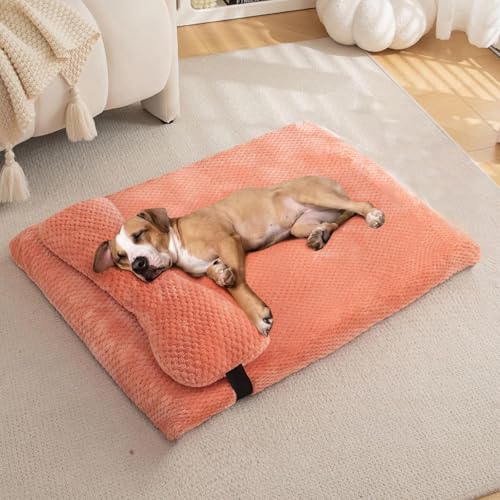 Orthopedic Dog Bed with Bolster Pillow, Soft Plush Pet Bed Mat Non-Slip Bottom, Washable Pet Bed Mattress for Crate Kennel Suitable for Pets Up to 10 lbs, Pink 19.6x15.7x2 in - color: Pink, size: 19.6x15.7x2 in