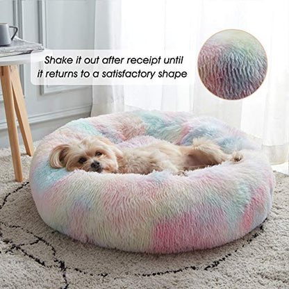 WESTERN HOME WH Calming Dog & Cat Bed, Anti-Anxiety Donut Cuddler Warming Cozy Soft Round Bed, Fluffy Faux Fur Plush Cushion Bed for Small Medium Dogs and Cats (20"/24"/27"/30") - color: Rainbow, size: 27.0"L x 27.0"W x 8.0"Th
