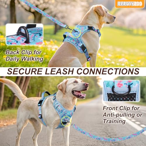 BEAUTYZOO No Pull Dog Harness Small, Adjustable Dog Harness and Leash Set -Easy Wearing with 3 Buckles/Control Handle,No Choke Soft Padded Reflective Pet Vest for Training Walking Hiking,Blue S - color: Blue Flower, size: S: chest 14"-24"