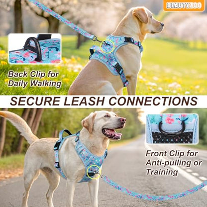 BEAUTYZOO No Pull Dog Harness Large, Adjustable Dog Harness and Leash Set -Easy Wearing with 3 Buckles/Control Handle,No Choke Soft Padded Reflective Pet Vest for Training Walking Hiking,Blue L - color: Blue Flower, size: L: chest 22"-33"