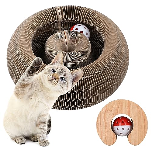 Magic Organ Cat Scratching Board, Interactive Scratch Pad with a Ball, Cat Scratcher for Grinding Claw, Recyclable and Durable, Furniture Protector, Retractable, Brown, Reversible - color: Ball Wood
