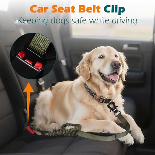Heavy Duty Tactical Dog Leash, 5 FT Bungee Shock Absorption Leash with 2 Padded Handles, Quick Release Metal Clip, Car Seatbelt, No Pull Training Lead for Large Medium Dogs（Army Green） - color: Army Green