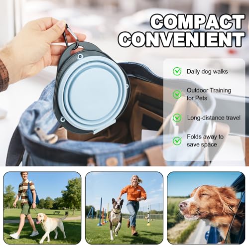 Blue Collapsible Dog Bowls with Carabiner 2-in-1 Foldable Slow Food Bowl(130g)&Water Bowl(320ml) for Dogs and Cats Travel - color: Blue