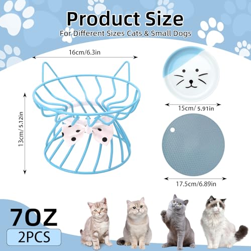 2PCS Ceramic Shallow Cat Food Dishes with Non-Slip Mat, Elevated Cat Food Bowl with Raised Metal Stand, Small Dog Bowl, Whisker Fatigue Pet Food Plate, Dishwasher Safe - color: Pink+Blue