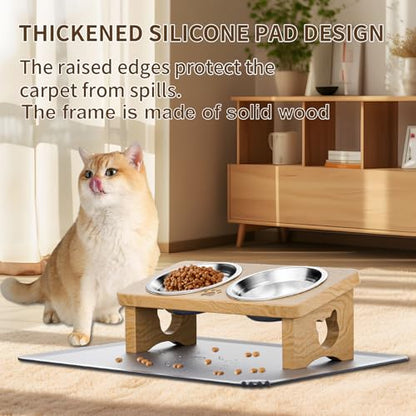 Elevated Cat Bowls, 15° Tilted Raised Cat Food Bowl with Solid Wood Stand & Stainless Steel Dishes, Cat Feeding Station with Silicone Mat, Helps Reduce Vomiting for Cats & Small Dogs(Natural) - color: Natural