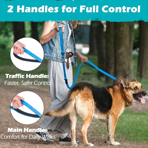 Heavy Duty Tactical Dog Leash, 5 FT Bungee Shock Absorption Leash with 2 Padded Handles, Quick Release Metal Clip, Car Seatbelt, No Pull Training Lead for Large Medium Dogs（Light Blue） - color: Light Blue
