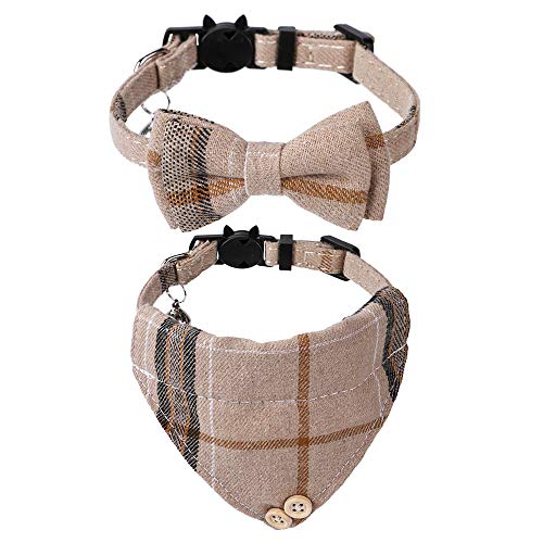 Faleela Breakaway Cat Collar with Bells - 2 Pack Cat Collar with Bells, Cat Collars with Bandana, Accessories for Pet Collars, Adjustable for Cats and Small Dogs - color: Brown bow+bandana
