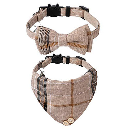 Faleela Breakaway Cat Collar with Bells - 2 Pack Cat Collar with Bells, Cat Collars with Bandana, Accessories for Pet Collars, Adjustable for Cats and Small Dogs - color: Brown bow+bandana