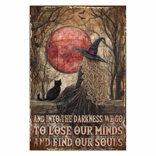 500 Pieces Jigsaw Puzzles for Adults, and Into The Darkness We Go Witch Black Cat Art Puzzle, Stress Relief Hand-Eye Coordination Brain Teaser Puzzle 20.4x15 Inch - color: Wooden Puzzle1, size: 500 Piece pcs