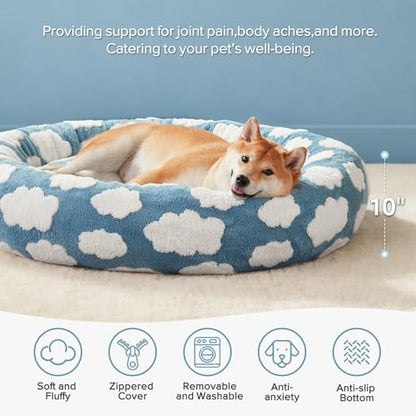 JOEJOY Donut Large Dog Bed, Cute Round Calming Dog Bed with Removable Washable Cover, Orthopedic Pet Beds with Jacquard Shaggy Plush & Non Skid Bottom, Black - color: Blue, size: L (36x36x10)
