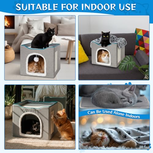 Cinnvoice Heated Cat Bed Indoor for Cats Heated Cat House with 2 Pcs Self Warming Cats Bed 1pc Blankets Self Heating Cube Shelter Cave Condo with Scratch Pad Fluffy Ball for Winter Pet Small Dog
